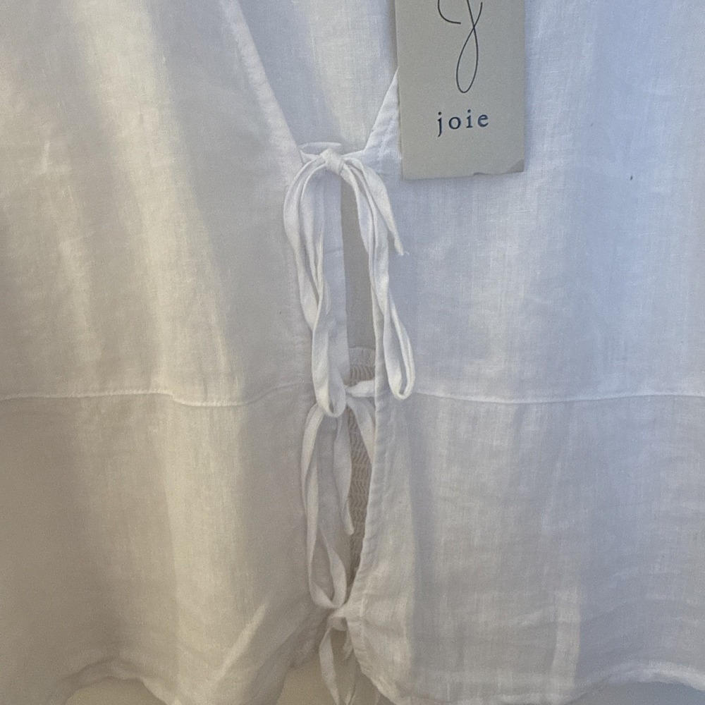 NWT joie 100 % Linen Size Xl Sleeveless Tie Up White Top With Ruffle Arm Rushing - Picture 5 of 12